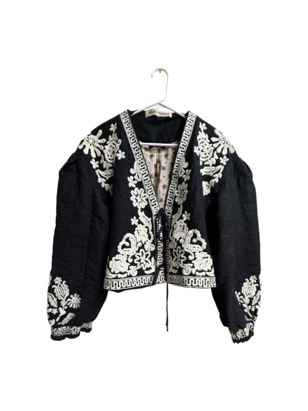 Free People Bali Mabel Quilted Jacket Large Black Embroidered Boho Tie Front
